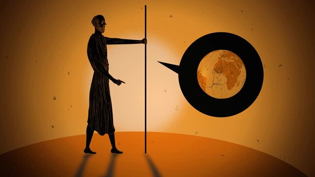 greek scientist measuring earth circumference using shadows and staff in ancient scientific experiment