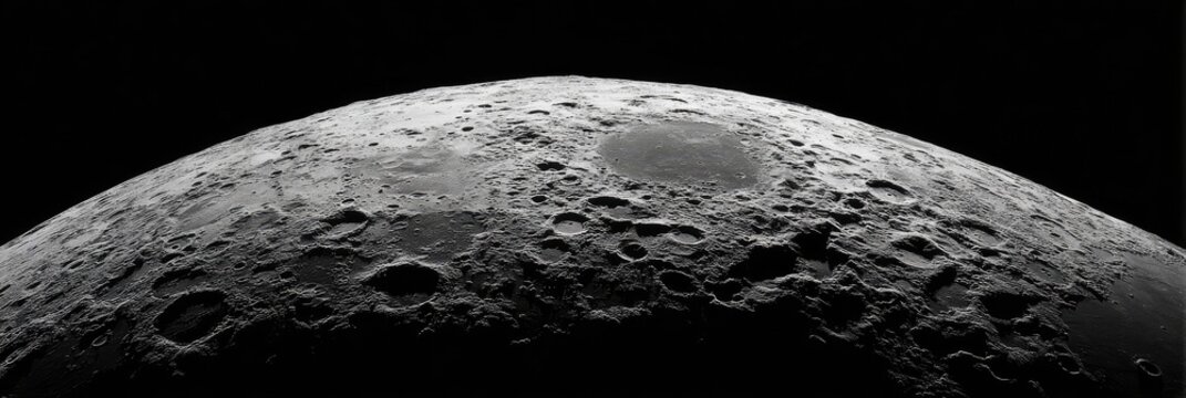 The close-up view of a celestial body's surface, showcasing craters, valleys, and the dark vastness of space