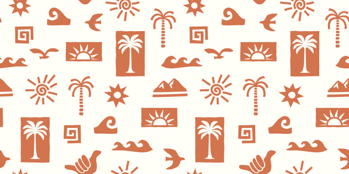 Tropical seamless pattern with bold graphic elements such as palm trees, waves, sun and a shaka hand. Vector summer pattern background.