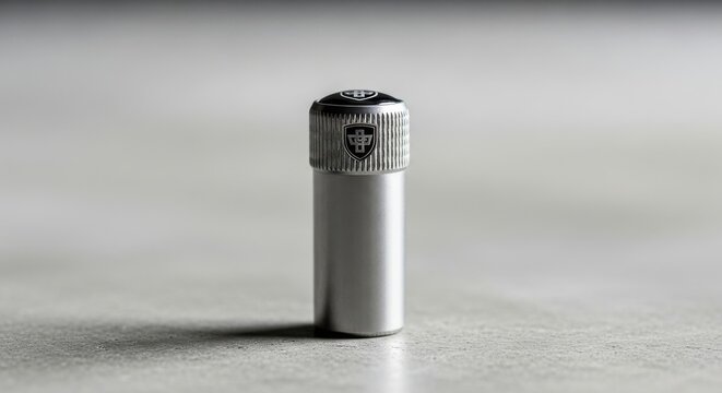 A silver metal tire valve stem cap with a textured knurled top and embossed logo
