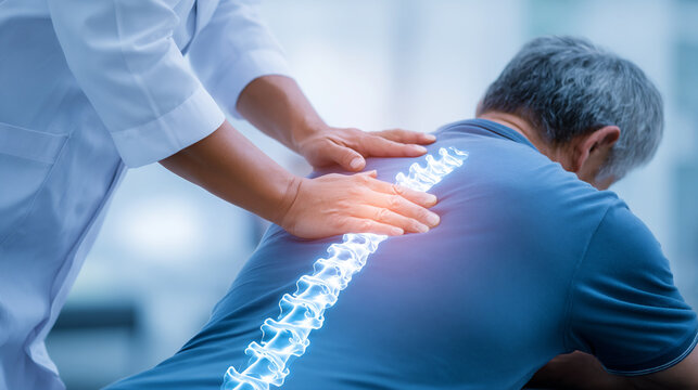 patient leaning forward during spine examination with vertebrae overlay, clinician assessing lower back pain in medical consultation setting, detailed lumbar spine evaluation with doctor 