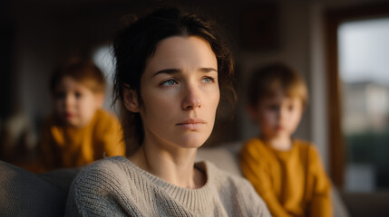Fototapeta premium Woman battles seasonal affective disorder despite sunshine, sitting in darkened living room while children play outside, contrast between interior gloom and exterior brightness visible through windo