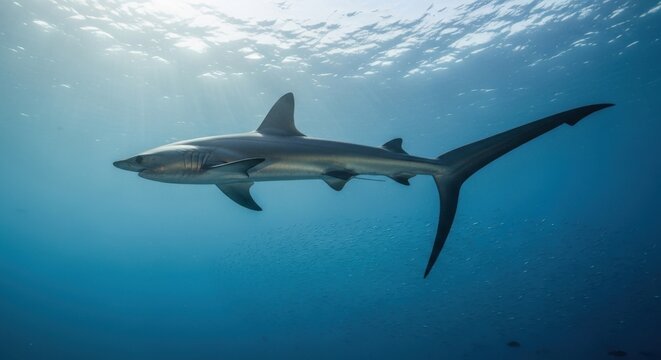 A thresher shark with its distinctively long tail swims gracefully in the deep blue ocean waters.