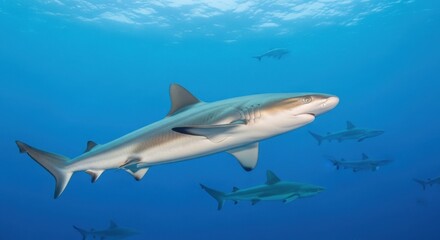 Fototapeta premium Sleek Silky Sharks Swimming Together in the Deep Blue Ocean Waters
