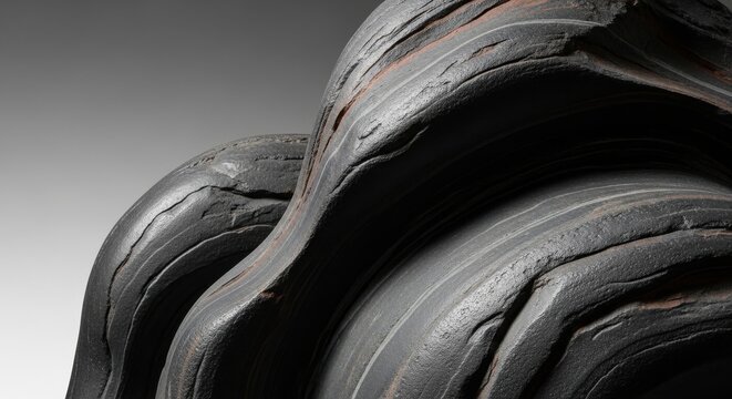 Detailed texture of smooth polished dark grey basalt rock formation with layered patterns