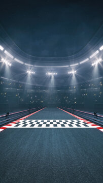 Finish line at a sports racing circuit with glowing spotlights and fans ready for the upcoming night sporting event.