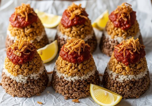 Koshary, a traditional egyptian street food dish with lentils, rice, macaroni, tomato sauce, and fried onions