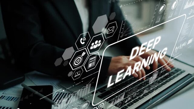 Business professional using laptop computer with deep learning interface and digital data analytics concept. Asymptotic smart data analytic.