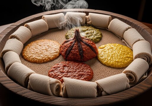 Traditional ethiopian injera platter with various spicy stews and wats served on a large communal wooden tray