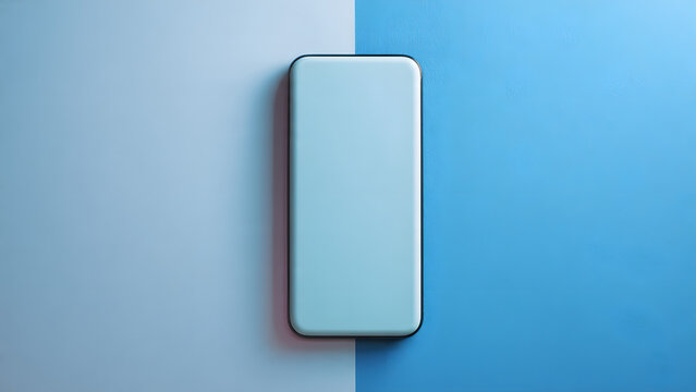 A minimalist smartphone with a blank screen is centered on a split background of light and dark blue.