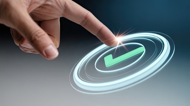 Finger touching glowing check mark icon on digital interface representing confirmation or approval