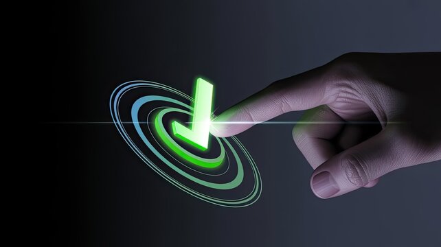 Finger touching glowing download button on digital interface with concentric rings effect