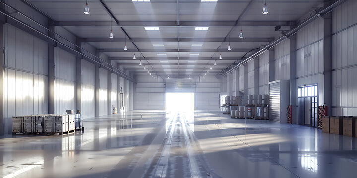 Empty Industrial Warehouse Interior with Concrete Floor and Open Door Light