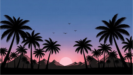 Obraz premium Vector CAD design of palm trees at sunset with mountains