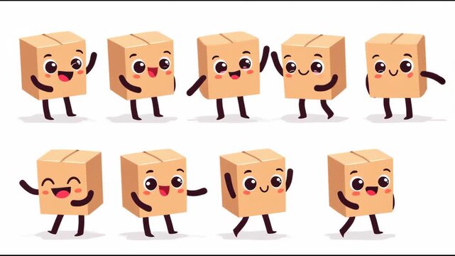 Cartoon character boxes with arms and legs display a series of joyful expressions and playful movements in a colorful animated sequence on a bright background