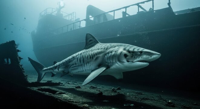 Majestic Tiger Shark patrols the underwater wreckage of a sunken ship, a powerful predator in its deep-sea domain.
