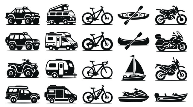 Transportation and Outdoor Recreation Vehicles Black  White Glyph Icon Set