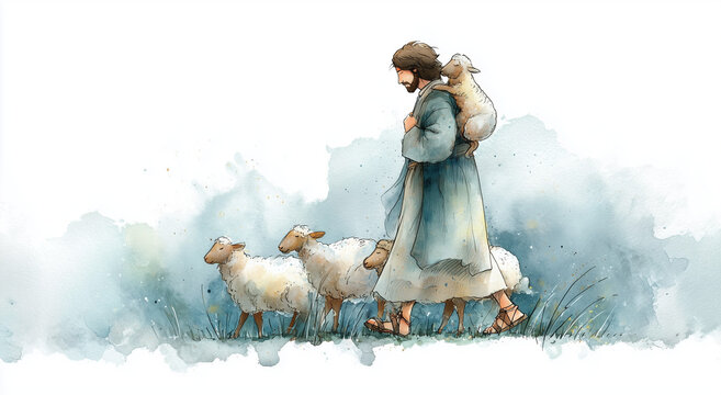 jesus walking with sheep in a misty field.