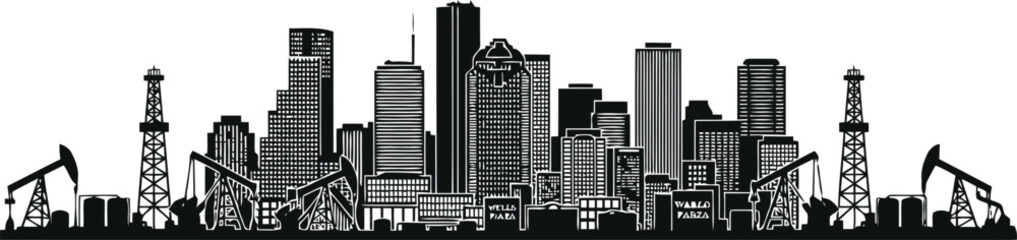 Fototapeta premium Houston skyline silhouette with industrial oil rigs and city buildings.