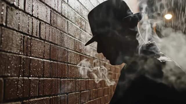 A silhouette of a man in a hat smoking in a dark, rainy alleyway with moody noir lighting.