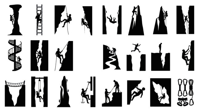 Outdoor Adventure Climbing and Mountaineering Black Silhouettes Vector Icons Collection