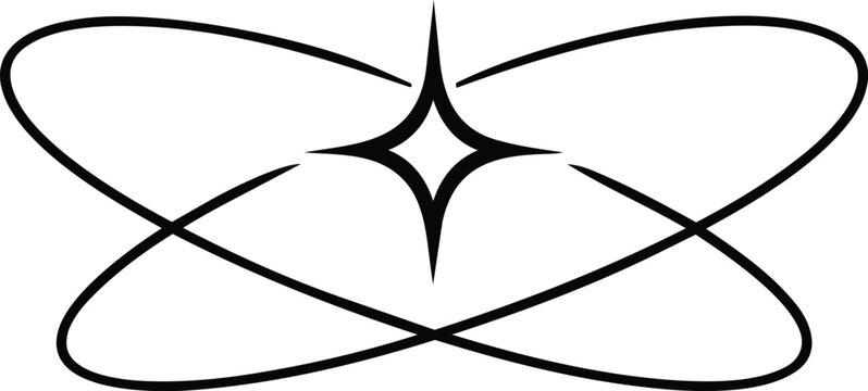 A black and white drawing of an atom symbol