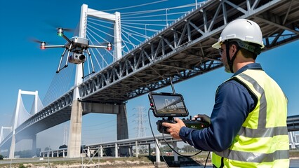 Naklejka premium Professional Technician Using Drone to Inspect Bridge Infrastructure