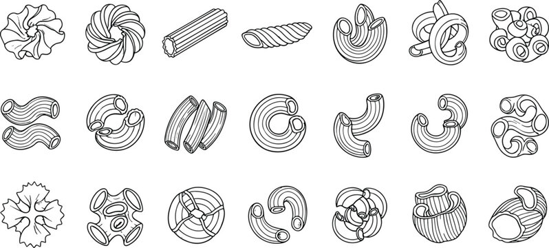 Large collection of hand drawn italian pasta sketches featuring various shapes like penne fusilli macaroni and farfalle for restaurant menu design and culinary art