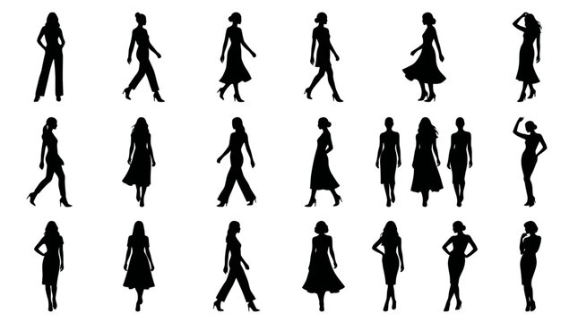 People and Fashion: Diverse Women Vector Silhouettes Set in Various Poses