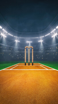 Cricket field at a sports stadium with glowing spotlights and fans ready for the upcoming night sporting event.