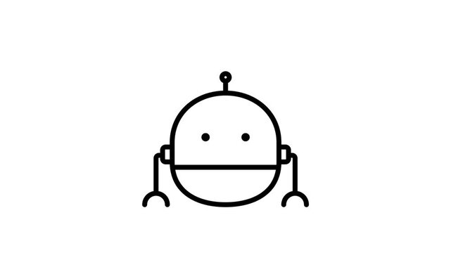 Outline robot head with chat bubble animation, antenna, and circular eyes in clean black line style on white background