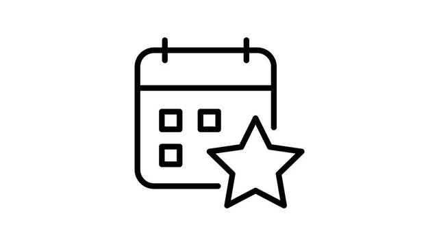 Outline calendar icon with star symbol and simple grid animation in clean black line style on white background