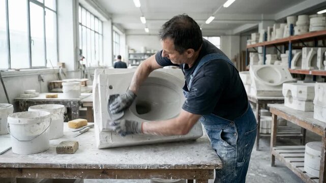 Artisan smoothing plaster molds used for sanitaryware production focusing on mold surface finishing and preparation in a welllit ceramics workshop setting.