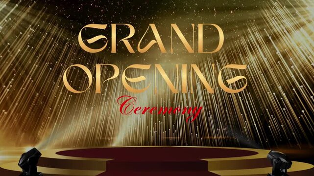 Ready-to-use video intro with golden text "Grand Opening Ceremony" with a pedestal, spotlights, and a red carpet in the light of golden rays. Grand opening background opener
