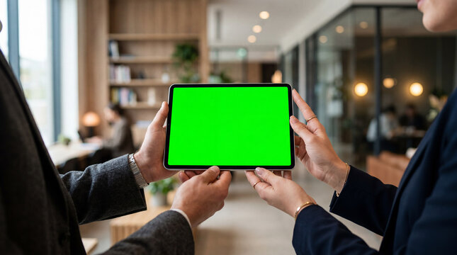 Two business professionals holding a tablet with a green screen in an office setting.