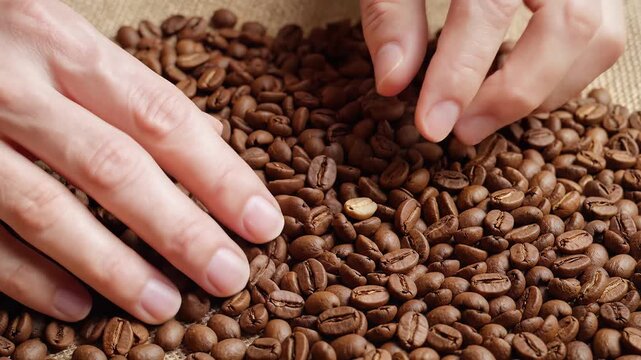 Close up of hands sorting through roasted coffee beans on burlap.
