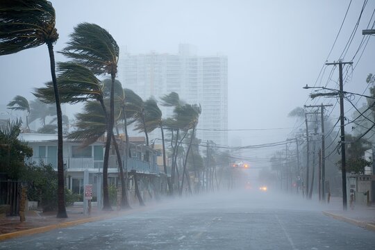 Street scene during a violent storm. Trees bend in powerful wind and rain obscures distant buildings