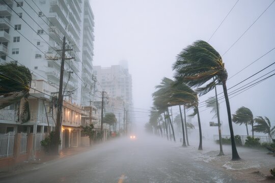 Coastal cityscape battered by severe weather, rain and wind lashing the streets