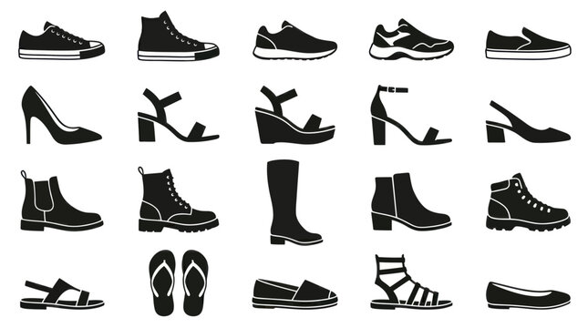 Footwear Fashion Shoe Collection Icons - Black and White Silhouette Glyph Set