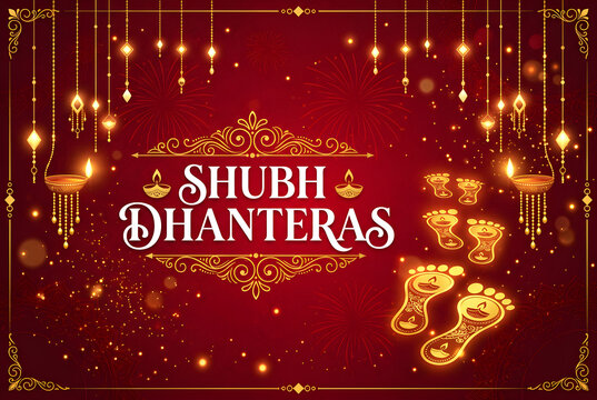 Shubh Dhanteras greeting card with golden decorations and baby feet on red background