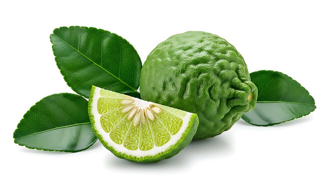 Fresh kaffir lime bergamot fruit with green leaves and sliced section isolated on white background for cooking and aroma
