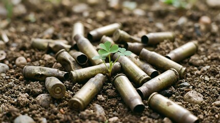 Conceptual image of a small green sprout growing out of spent bullet casings on soil, symbolizing peace and hope