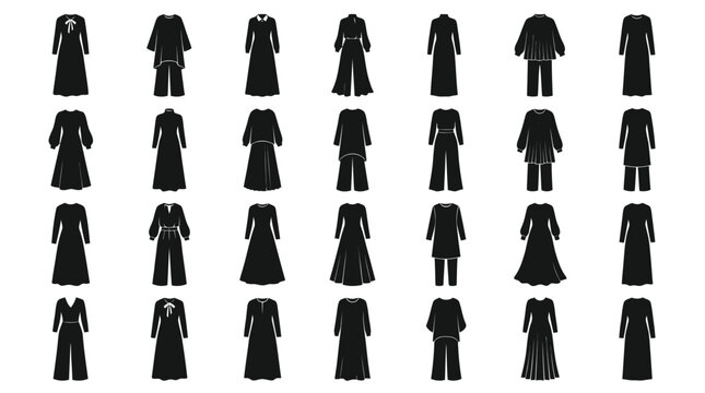 Islamic Modest Fashion Women's Abayas and Dresses Silhouette Vector Glyphs Set