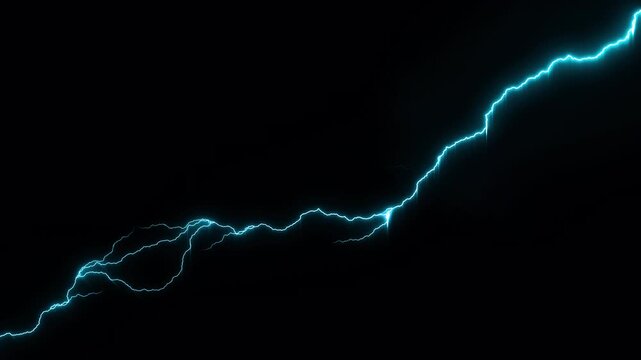 Bright blue electric lightning bolt striking across dark background with glowing energy effect, VFX compositing. Isolated on dark background for easy overlay and blending