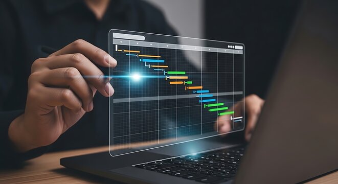 Person interacting with virtual project timeline on laptop virtual screen Gantt chart