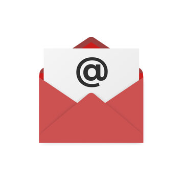 Red envelope with a letter featuring the at symbol, representing digital communication and email messaging, designed in a clean flat style for online contact systems, business correspondence