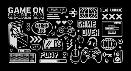 Gaming vector illustration set with game controllers, arcade machine, pixel text, Y2K and UI elements, headset, keyboard, mouse and symbols. © cddesign.co