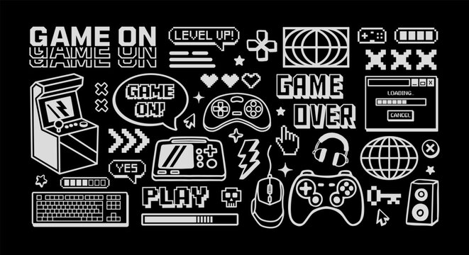 Gaming vector illustration set with game controllers, arcade machine, pixel text, Y2K and UI elements, headset, keyboard, mouse and symbols.