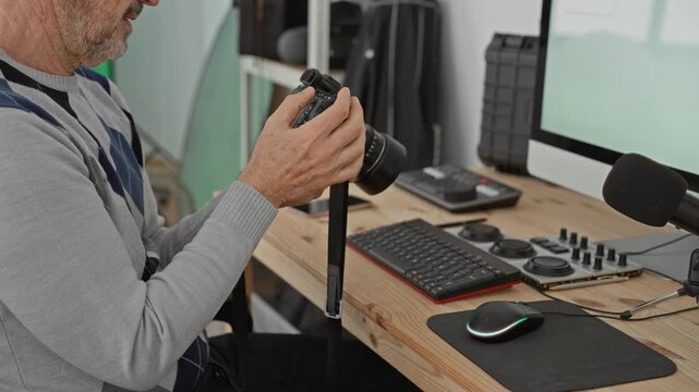 Man photographer holding dslr camera, hands adjusting lens while seated at desk with keyboard and monitor in studio; concentration craft patience.