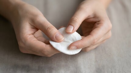 Naklejka premium Close up of hands holding cotton pad for facial cleansing, skincare routine and gentle makeup removal concept, beauty hygiene and personal care with soft cosmetic product